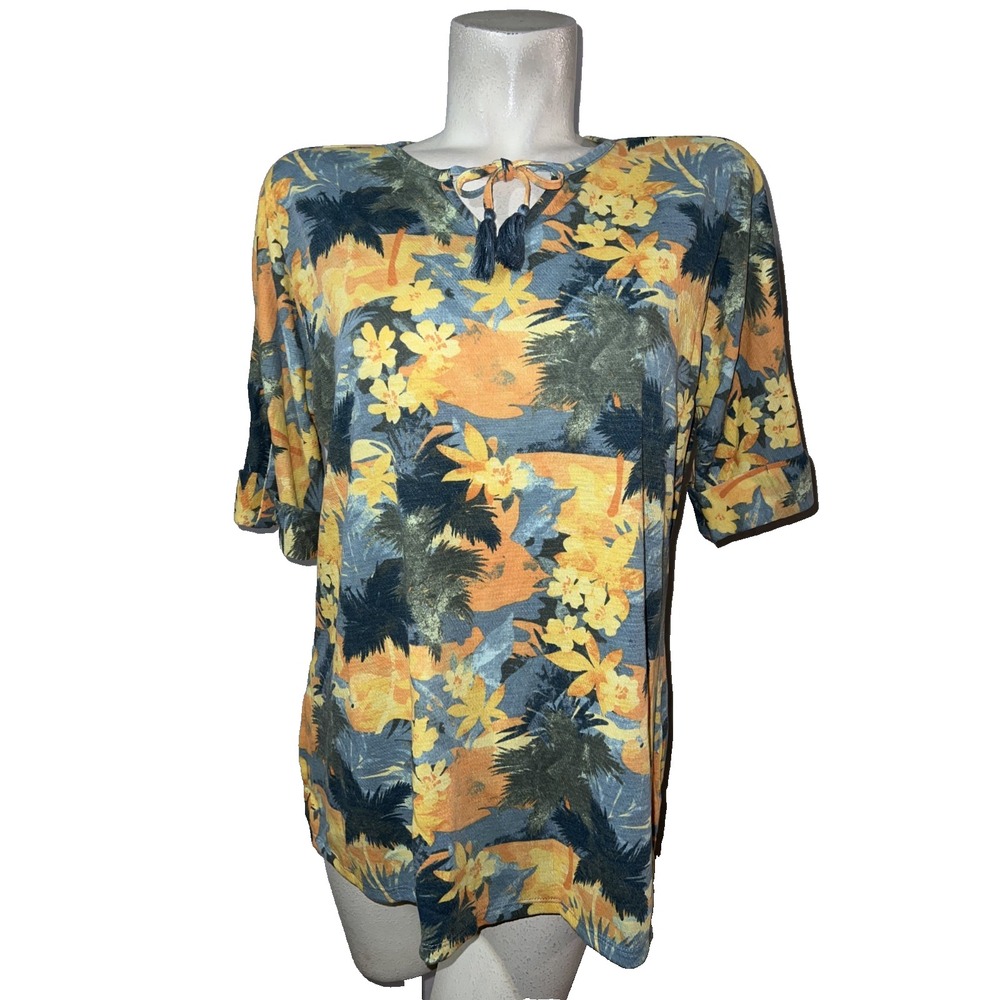 d&co. BEACH Women XS Tropical Palm Floral Tassel Split Neck Roll Tab Sleeve Top